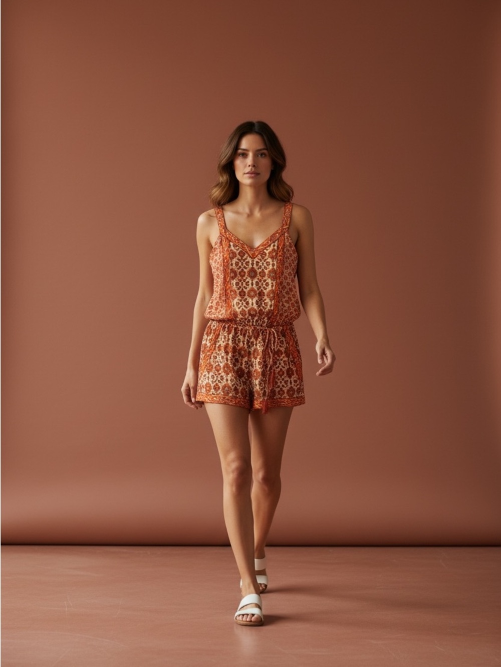 Joie Floral Print Romper-Copper/Rust/White Colors